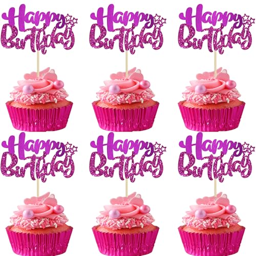 24Pcs Happy Birthday Cupcake Toppers Double Layer Glitter Happy Birthday Cake Decorations for Celebrating Baby Shower Theme Kids Boys Girls Anniversary Party Decorations Supplies Purple (Style 1 / Purple)