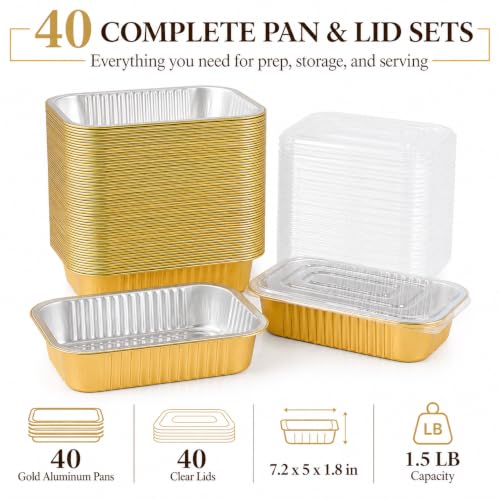 40 Pack 1.5 LB 7.2"×5"×1.8" Aluminum Pans with Lids Heavy Duty (40 Count)