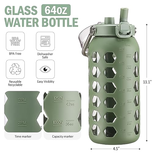 64oz Glass Water Bottle with Straw and Lid (Olive / 64 Ounces)