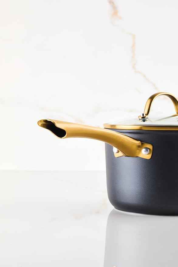 Farberware Forged Induction Ceramic Nonstick Pots and Pans Set with Lids and Kitchen Cooking Tools - Dishwasher Safe, Suitable for All Stovetops, 12 Piece Cookware Set - Black and Gold
