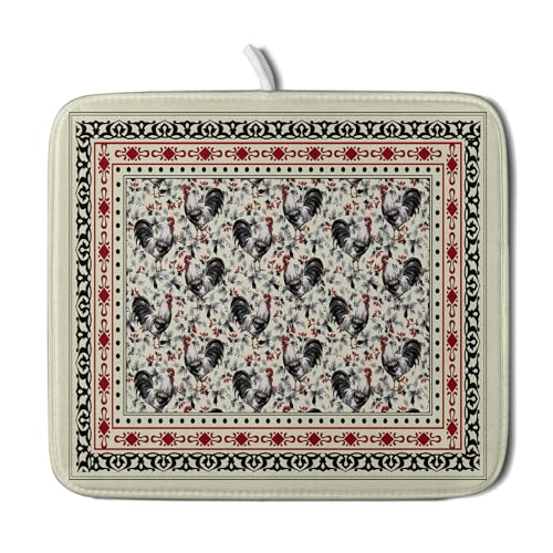 Vintage Rooster Dish Drying Mat 18 X 16 Small Drying Matt Kitchen Counter for Home Decor (Vintage Rooster 1125 / 18" x 16")