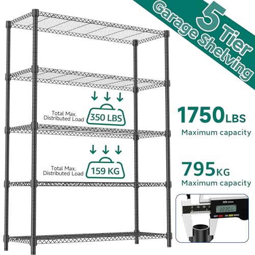1750LBS 47.2" W 5 Tiers Shelf Steel Storage Shelves Shelving Unit Steel Organizer Wire Rack for Home (5 tier, 17.7" D x 47.2" W x 72.4" H / Black)