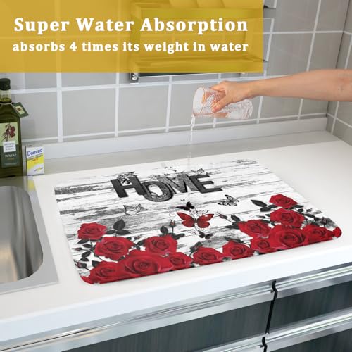 Red Rose Dish Drying Mat 18x24 inch Romantic Floral Absorbent Microfiber Sink Counter Dishware Drainer Pad for Kitchen Coffee Bar Decor (Red Rose / 18" x 24")