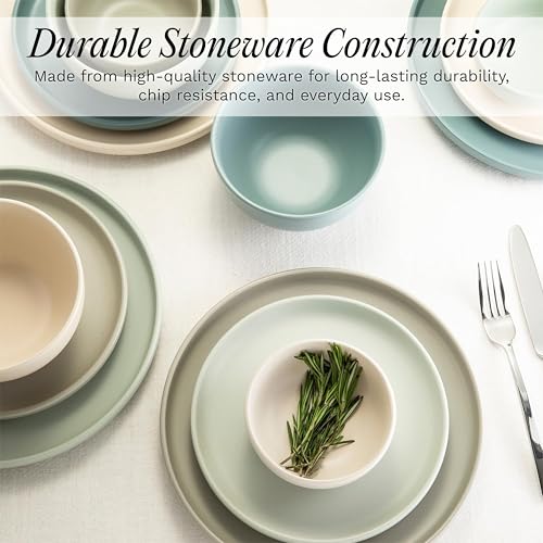 16 Piece Stoneware Dinnerware Set for 4 (Green/Sand/White / 16-Piece Set)