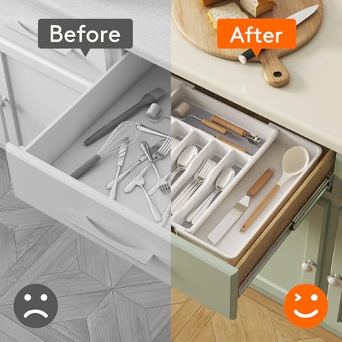 Extra Large Silverware Drawer Organizer (White&Gray / XL Deep (13-22''W x 16.7''D))