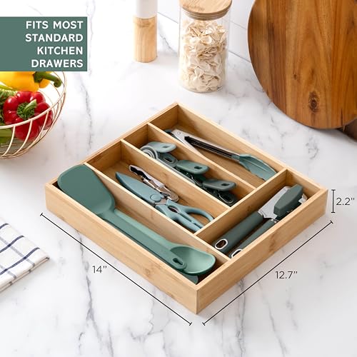 Bamboo Kitchen Utensil Set with Drawer Organizer (Sage / 18 Piece Gadget Set)