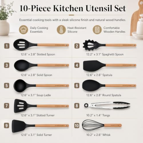 Silicone 10 Pcs Kitchen Cooking Utensils Set (Black)