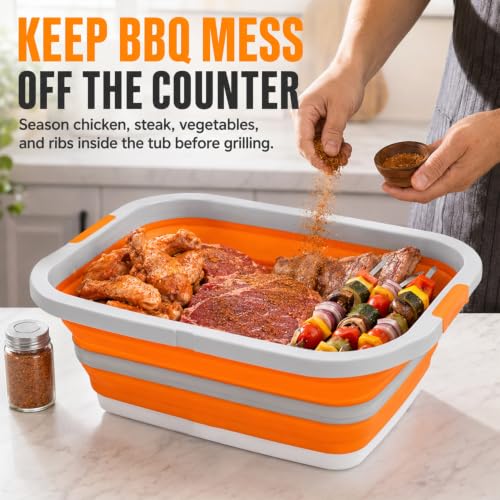 BBQ Prep Tub 16L Orange Collapsible Wash Basin with Drain Plug (Orange / X-Large)
