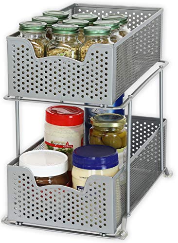 2 Tier Sliding Cabinet Basket Organizer Drawer (Silver / 1-Pack)