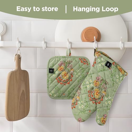 Oven Gloves Heat Resistant Potholder Set Oven Gloves with Anti (Sweet Flowers - Set)