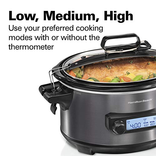 Portable 6 Quart Set & Forget Programmable Slow Cooker (Temp Tracker, Black Stainless)