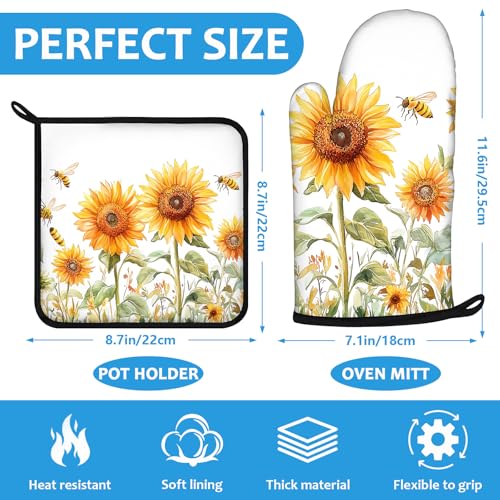 Watercolor Sunflower Oven Mitts and Pot Holders Sets Heat Resistant 4Pcs Busy Bee Potholders Oven Gloves Hot Pads for Kitchen Baking Cooking Grilling BBQ (Watercolor Sunflower and Busy Bee)