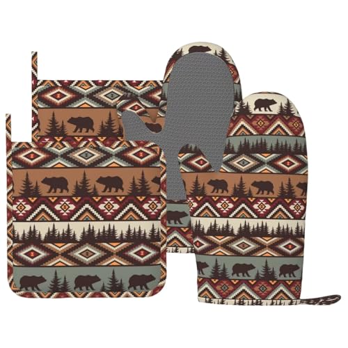 Vintage Rustic Bear Oven Mitts and Pot Holders 4 pcs Set Silicone Bear Mountain Kitchen Oven Mitt Gloves Country Cabin Themed Pot Holders Non (Brown)