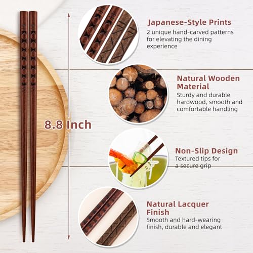 5 Pairs Reusable Hardwood Chopsticks Set (Natural Wood - Minimalist Line Art)