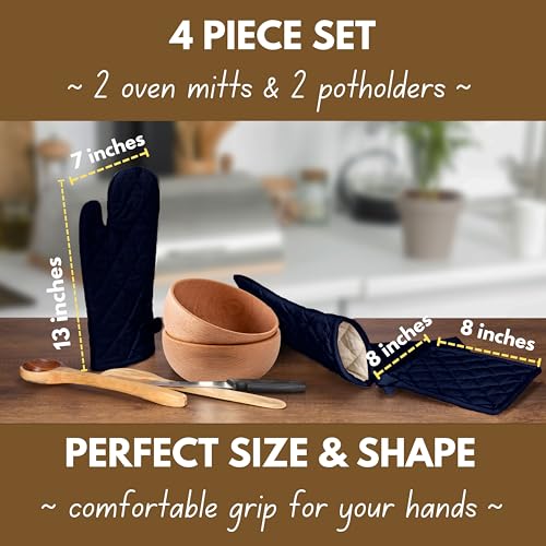 4 Piece Set 2 Oven Mitts & 2 Potholders (Navy)