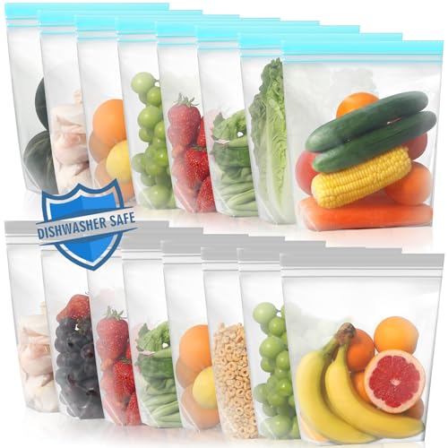 16 Pack Stand Up Reusable Gallon Freezer Bags (Blue Gray / 16 Pack Gallon Bags)