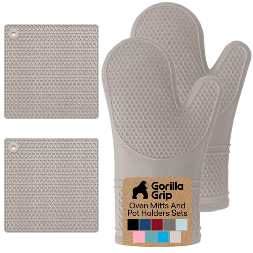 BPA Free Silicone Oven Mitts and Pot Holders Set (Almond / 12.5" Oven Mitts + 7" Trivets)