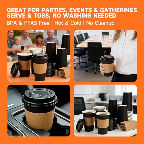 500 Pack 12 oz Disposable Coffee Cups with Lids and Sleeves (Black / 12 oz)