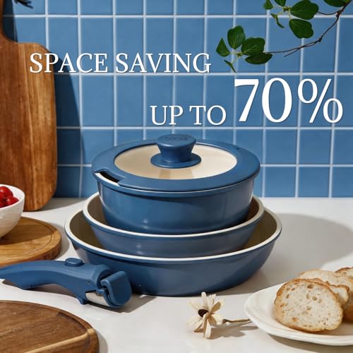 8Pcs Pots and Pans Set Nonstick Ceramic Cookware Set Removable Handle Induction Kitchen Cooking Set with Frying Pans and Sauce Pan (Blue)