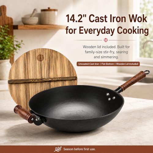 14.2 Inch Cast Iron Wok with Wooden Lid & Handle (14.2 Inch)