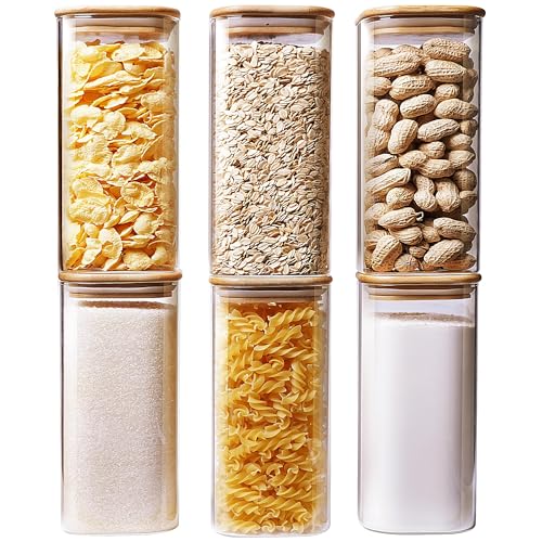 Square Glass Jars with Bamboo Lids 30 FL OZ [Set of 6] (Square 30OZ Set-6Pack)