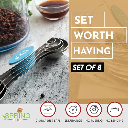 Stainless Steel 8 Magnetic Measuring Spoons for Kitchen (Teal / 1-Pack)