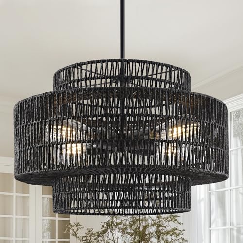 17.7" Black Rattan Chandelier for Dining Room (Black / 17.7" 4-Light)