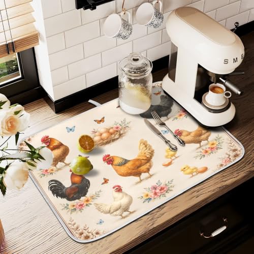 Farmhouse Rooster Dish Drying Mat for Kitchen Counter Absorbent Microfiber Large Drying Pad Dish mats for Kitchen Countertops 18 x 24 Inch (Farmhouse Rooster / 24" x 18")