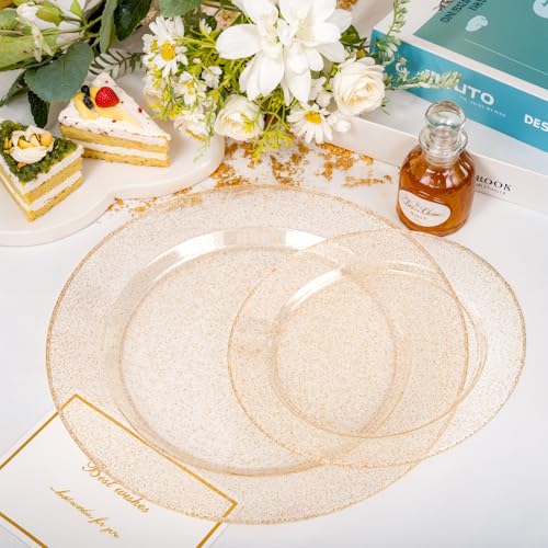 200 Pcs Gold Glitter Plastic Plates (Gold Glitter / 200 Pcs)