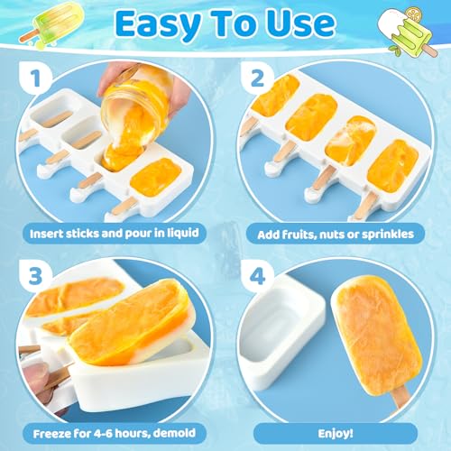 2 Set Silicone Popsicle Molds 4 Cavities Ice Cream Oval Cake Molds with 100 Sticks (2 Set / White)