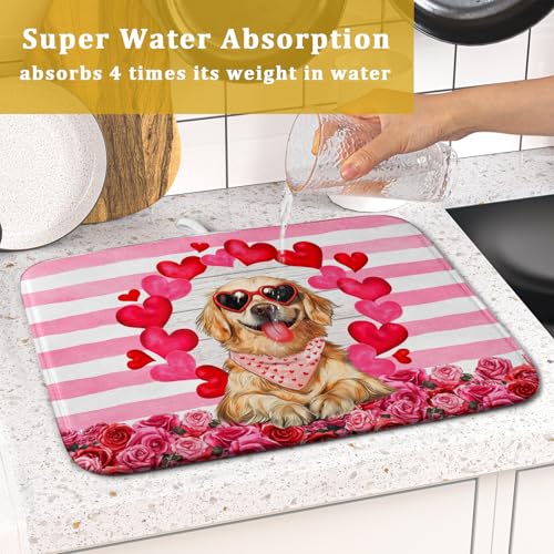 Valentine's Day Dog Dish Drying Mat for Kitchen Counter 16x18 inch Heart Rose Absorbent Dish Drainer Rack Mats for Coffee Bar Countertop (Heart Rose Dog / 16" x 18")