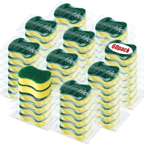 60 Pcs Individually Wrapped Sponges Kitchen Bulk Non Scratch Scouring Sponges for Dishes Household Cleaning Travel Apartments Hotel Car (60 Count)