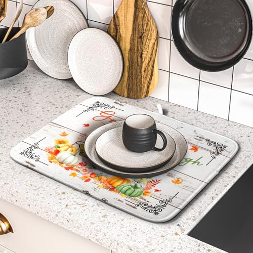 Fall Dish Drying Mats for Kitchen Counter Absorbent Autumn Dish Drainer Pad Home Decor (Thanksgiving Fall 511 / 18" x 16")