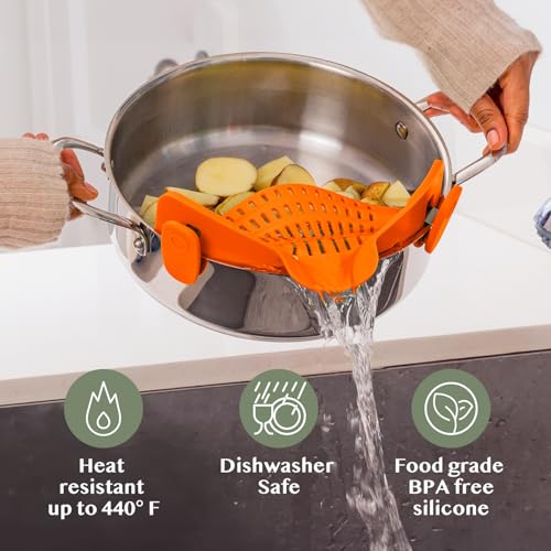 Snap N Strain Clip On Strainer for Pots and Pans (Orange)