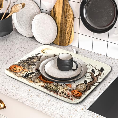 Halloween Pumpkin Ghost Dish Drying Mat Black Cat Microfiber Dishes Pad 16x18 Inch Holiday Dish Drainer Rack Mats for Kitchen Counter Sink (Pumpkin Ghost / 16x18 inch)