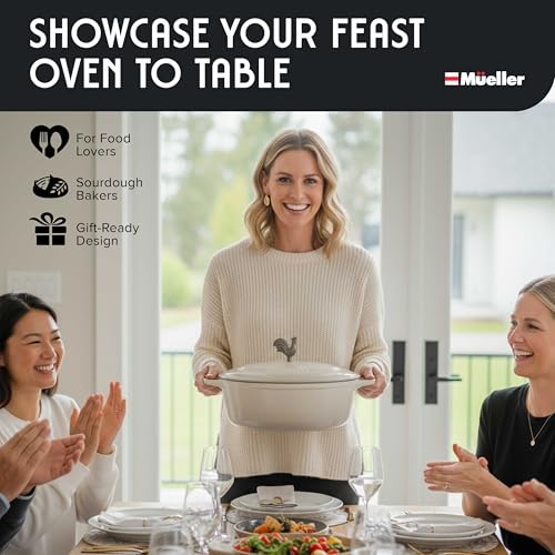 MUELLER HOME 5.5 Quart Enameled Cast Iron Oval Dutch Oven with Rooster Knob & Cotton Potholders (5.5 Quart -Oval / White)