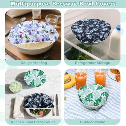 5Pcs Reusable Beeswax Elastic Bowl Covers for Bread Proofing and Food Cover (Iris Floral)