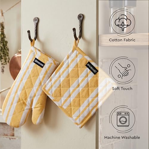 Oven Mitts and Pot Holders Set (Oven Glove + Pot Holder / Franca Yellow Stripes)