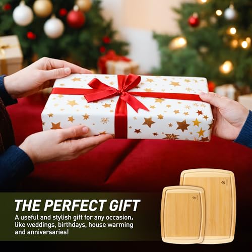 Bamboo Cutting Board Set Non Slip Feet Over Sink Brides Her Wedding Day Bridal Shower Engaged Engagement Hostess Couple Newly Wed House Christmas Married Future Mrs fiancee Unique Cool Gifts (2-Piece / Two-Tone Bamboo)