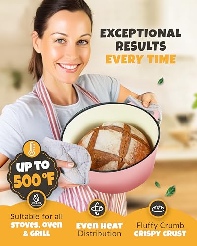 5 QT Cast Iron Bread Oven with Lid for Sourdough Bread Baking Set (Pink / 5QT Round)