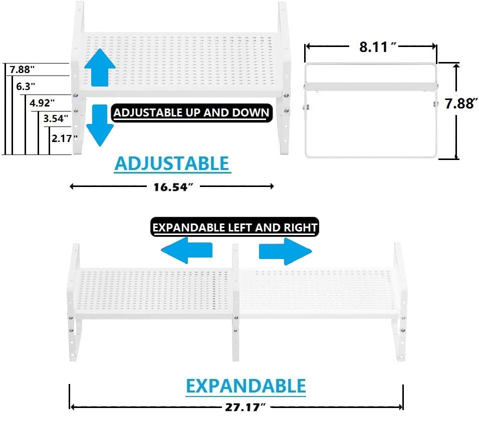Expandable Shoe Rack Stackable Metal Pantry Storage Shelves Stand Adjustable Height Cabinet Shelf Organizer Racks Spice Shelving (White / 1PACK/WHITE/MEDIUM)