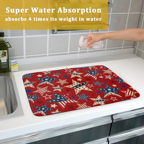 4th of July Dish Drying Mat for Kitchen Counter Patriotic Red Absorbent Dishes Dryer Pad 18 x 24 in (Patriotic Stars Red / 24" x 18")
