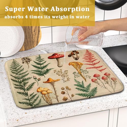 Ferns Leaves Dish Drying Mats Woodland Forest Mushrooms Reversible Drainer Mats 16 X 18 Inch (Ferns Mushrooms 1101 / 18" x 16")