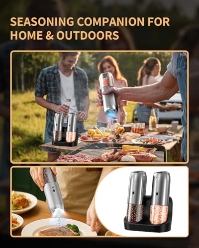 Gravity Electric Salt and Pepper Grinder Set with Rechargeable Base (Stainless Steel)