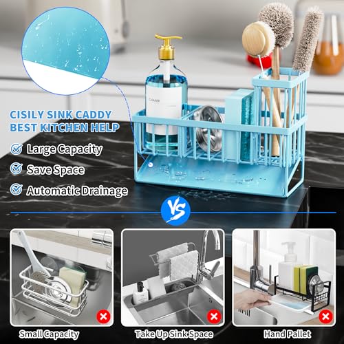Blue Kitchen Sink Caddy Organzier with High Brush Holder
