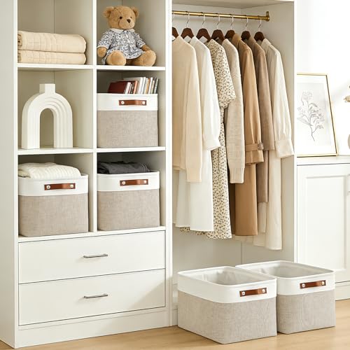 Storage Bins Large Fabric Storage Baskets for Shelves 3 Pack (Beige / Off-White / Large -15"x11"x9.5")