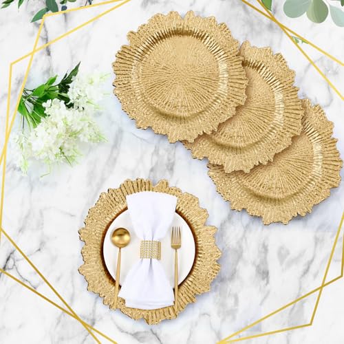 100 Pcs Gold Reef Charger Plates Bulk 13'' Plastic (Classic Style / Light Gold)