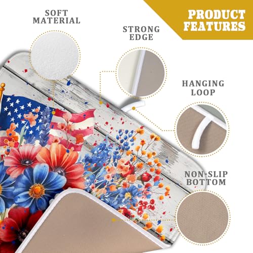 4th of July Dish Drying Mat 16x18 inch Patriotic Floral Fast Dry Microfiber Reversible Dish Drainer Rack Pad Kitchen Counter Accessories (Patriotic Floral / 16" x 16")