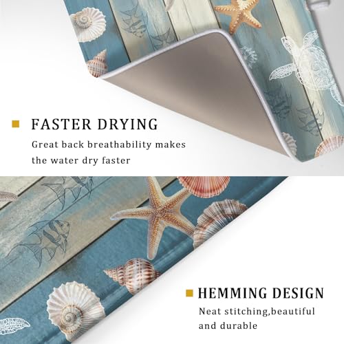 Coastal Starfish Dish Drying Mat Summer Sea Turtle Drainer Rack Mat Absorbent Microfiber Kitchen Countertop Protector Dishes Pad 18x24 inch (Starfish Turtle Wood / 24" x 24")