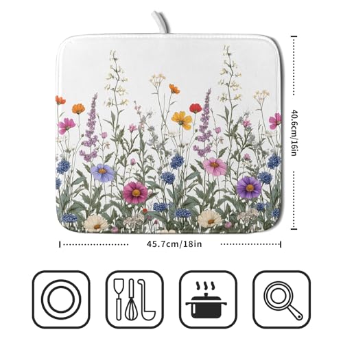 Flower Herbs Dish Drying Mat Botanical Plant Dishes Drainer Mat 16x18 inch Reversible Microfiber Drying Dish Pad for Kitchen Counter Decor (Flower Herbs Plant / 16" x 18")